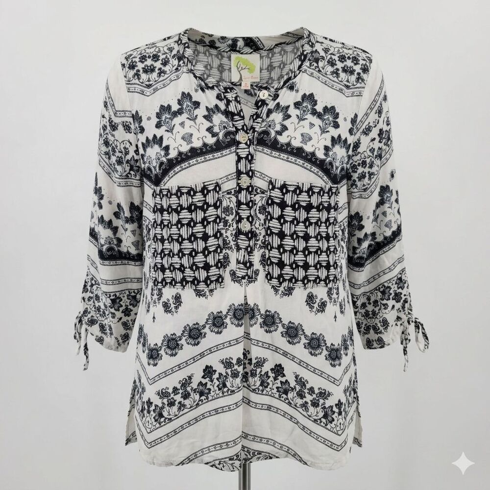 Fig‎ & Flower Paisley Geometric Tunic Blouse Black White Tie Cuff Women's Small